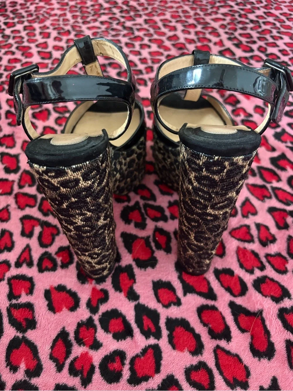 Christian Louboutin Black Patent & Gold Leopard Platform Wedge Sandals Size 39